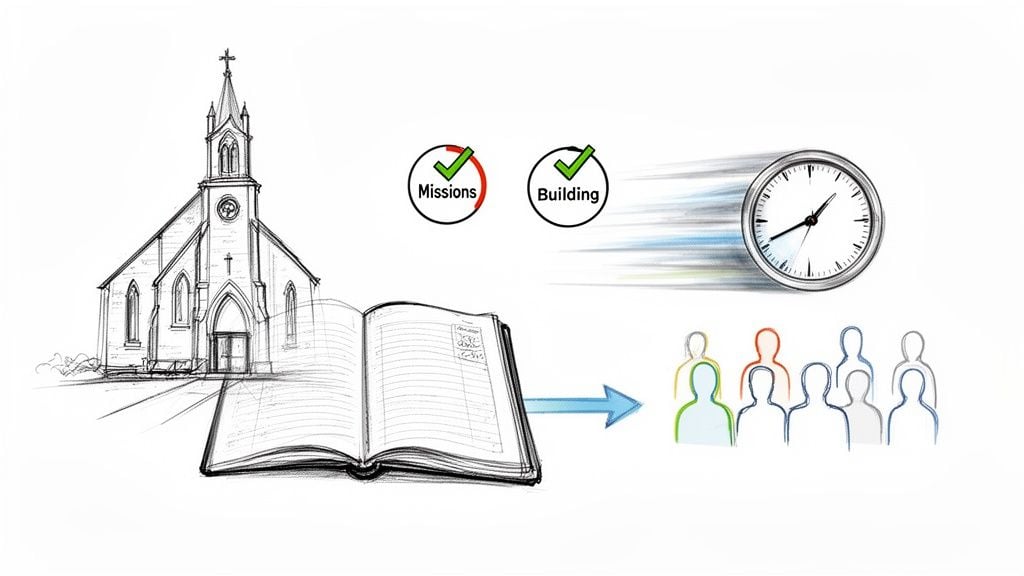 Sketch showing church, 'Missions' and 'Building' activities, clock, open ledger, and diverse people.