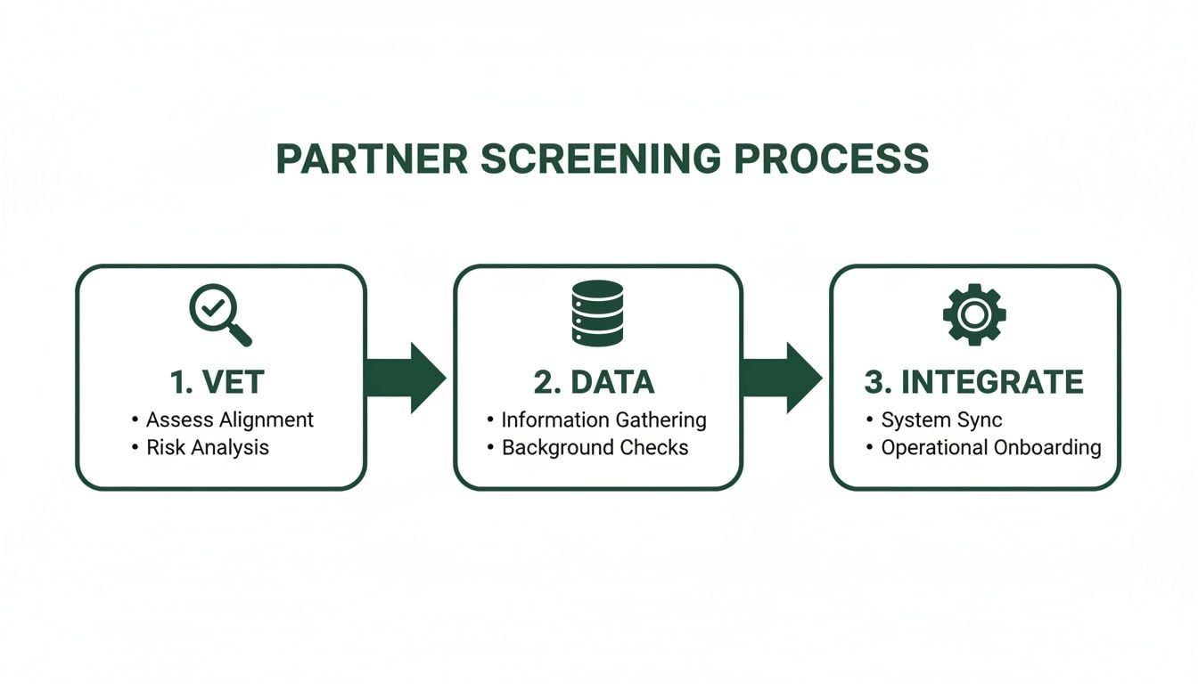 A three-step partner screening process: Vet, Data, Integrate, detailing risk analysis and background checks.