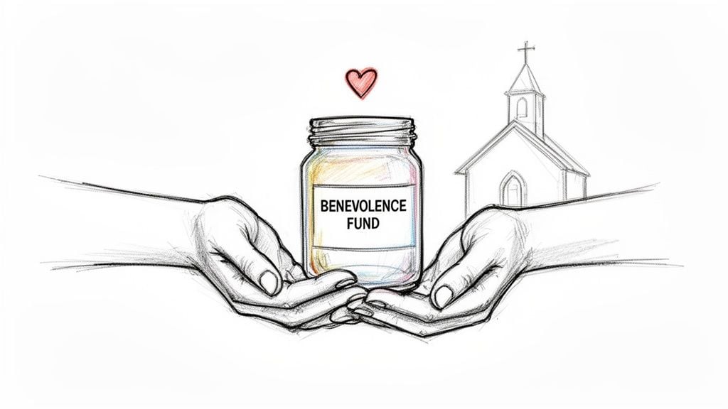 Pencil sketch of hands holding a 'Benevolence Fund' jar with a heart and a church.