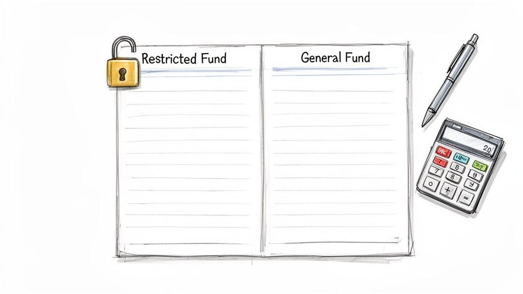 An open notebook showing 'Restricted Fund' with a padlock and 'General Fund', beside a pen and calculator, illustrating fund management.