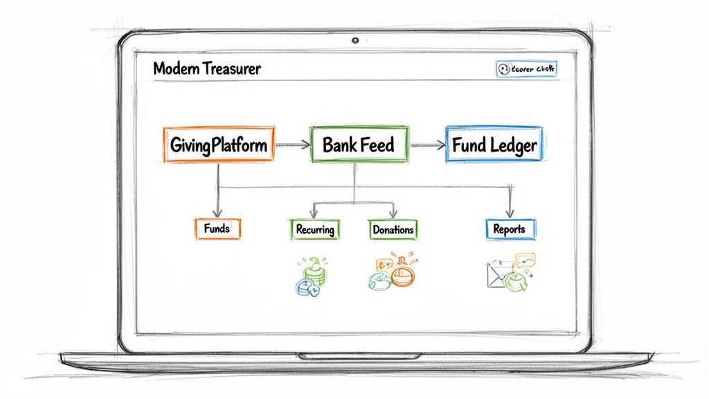 A diagram on a laptop screen illustrating a financial workflow from Giving Platform to Bank Feed to Fund Ledger.