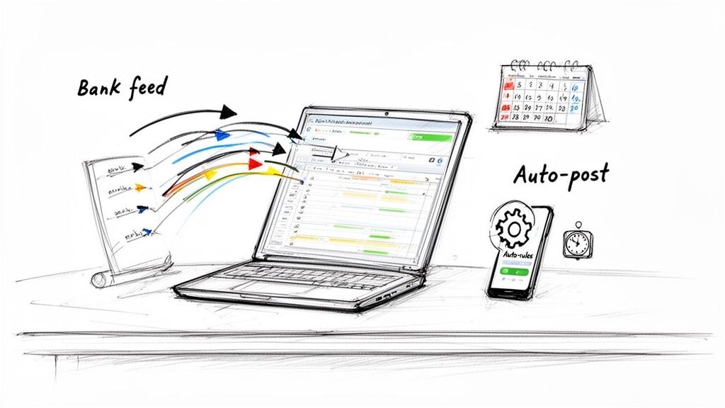 Illustrated diagram of bank feed processing into a laptop and automated journal entries on a phone.