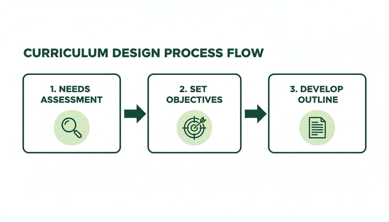 Curriculum design process flow showing needs assessment, setting objectives, and developing an outline.