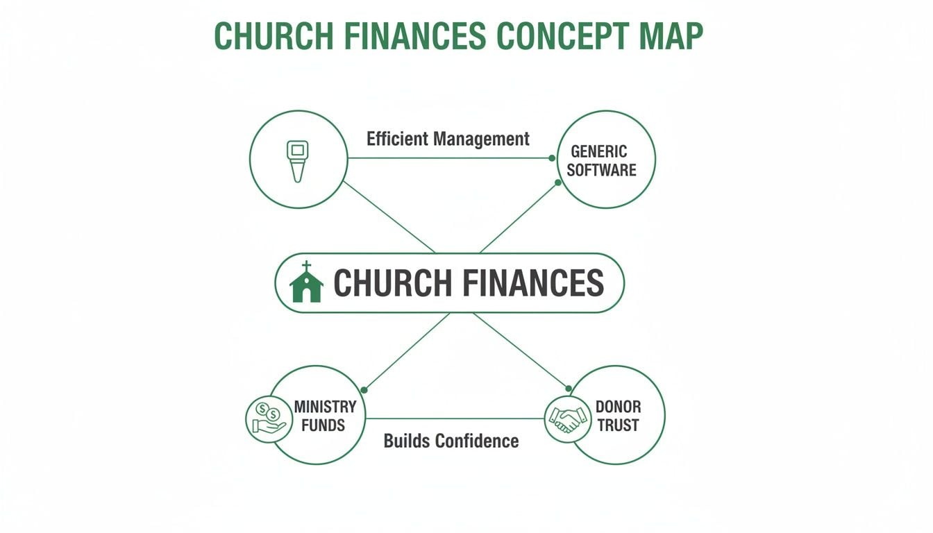A concept map illustrates church finances, connecting efficient management, generic software, ministry funds, and donor trust, emphasizing confidence.