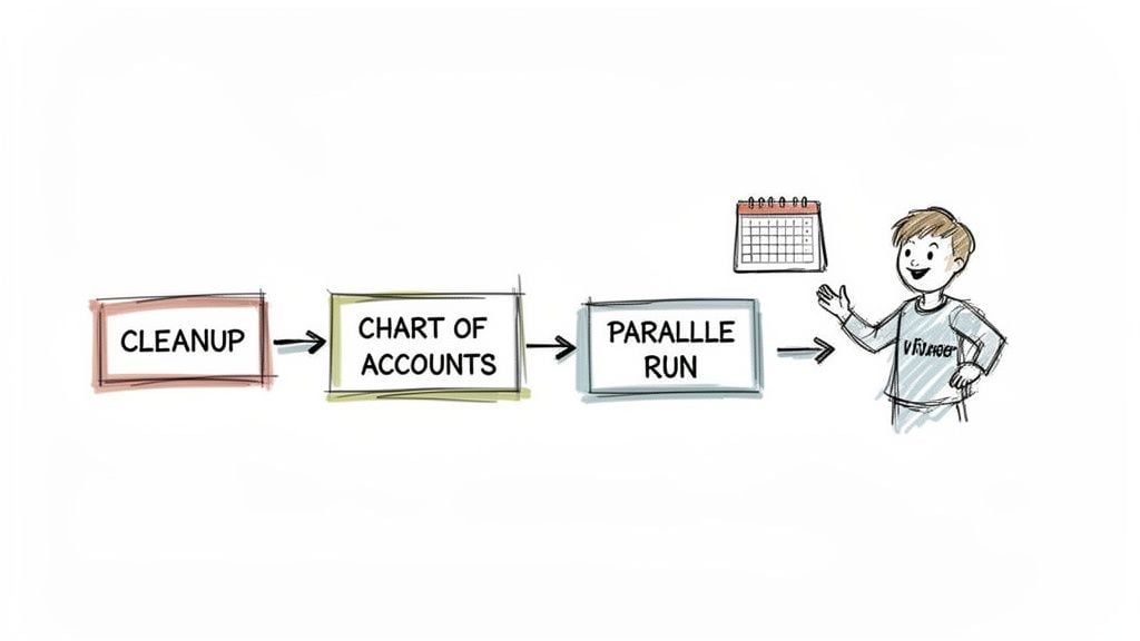 A flowchart showing accounting steps: Cleanup, Chart of Accounts, Parallel Run, ending with a smiling boy and calendar.