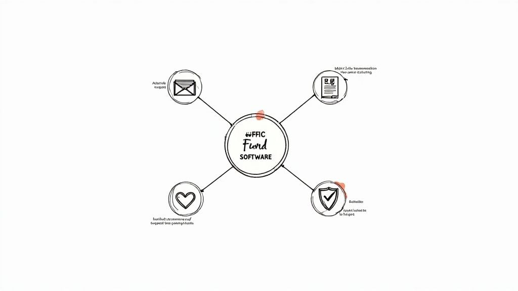 A hand-drawn mind map illustrating FFIC Fund Software features including reporting, compliance, tailored solutions, and security.