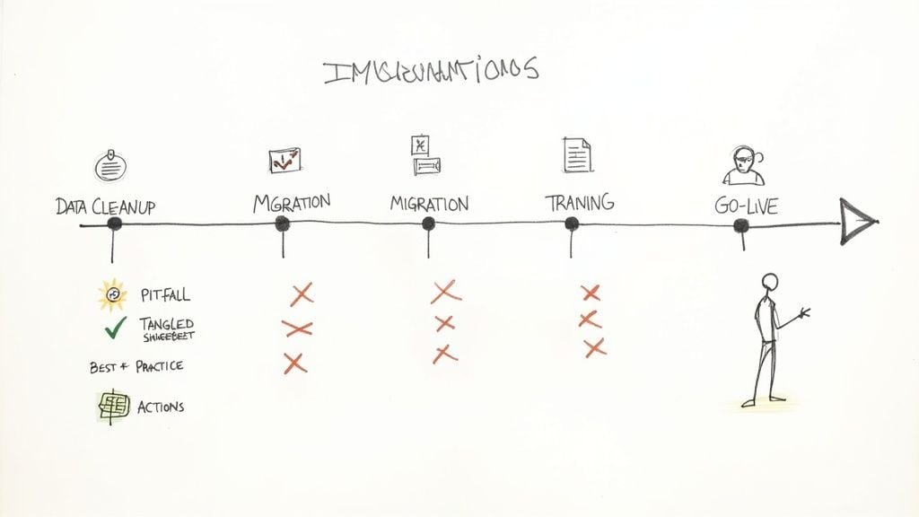 A project timeline showing phases like data cleanup, migration, training, and go-live, with multiple pitfalls indicated for each stage.