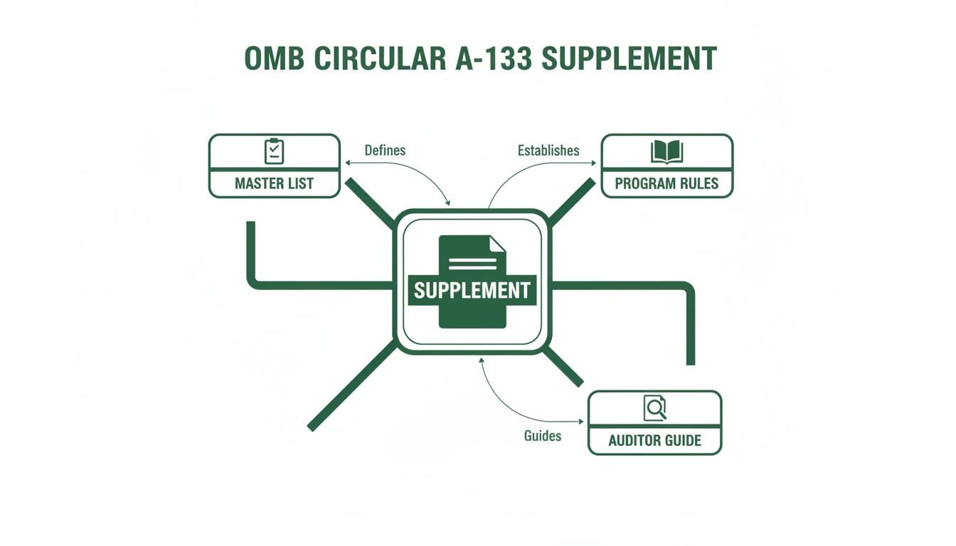 Diagram illustrating the OMB Circular A-133 Supplement's relationships with master list, program rules, and auditor guide.