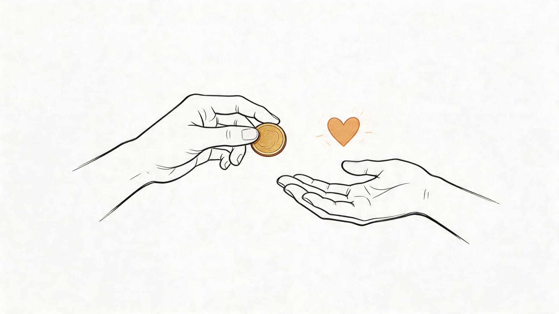 A line art drawing showing one hand giving a coin to another hand with a heart icon.