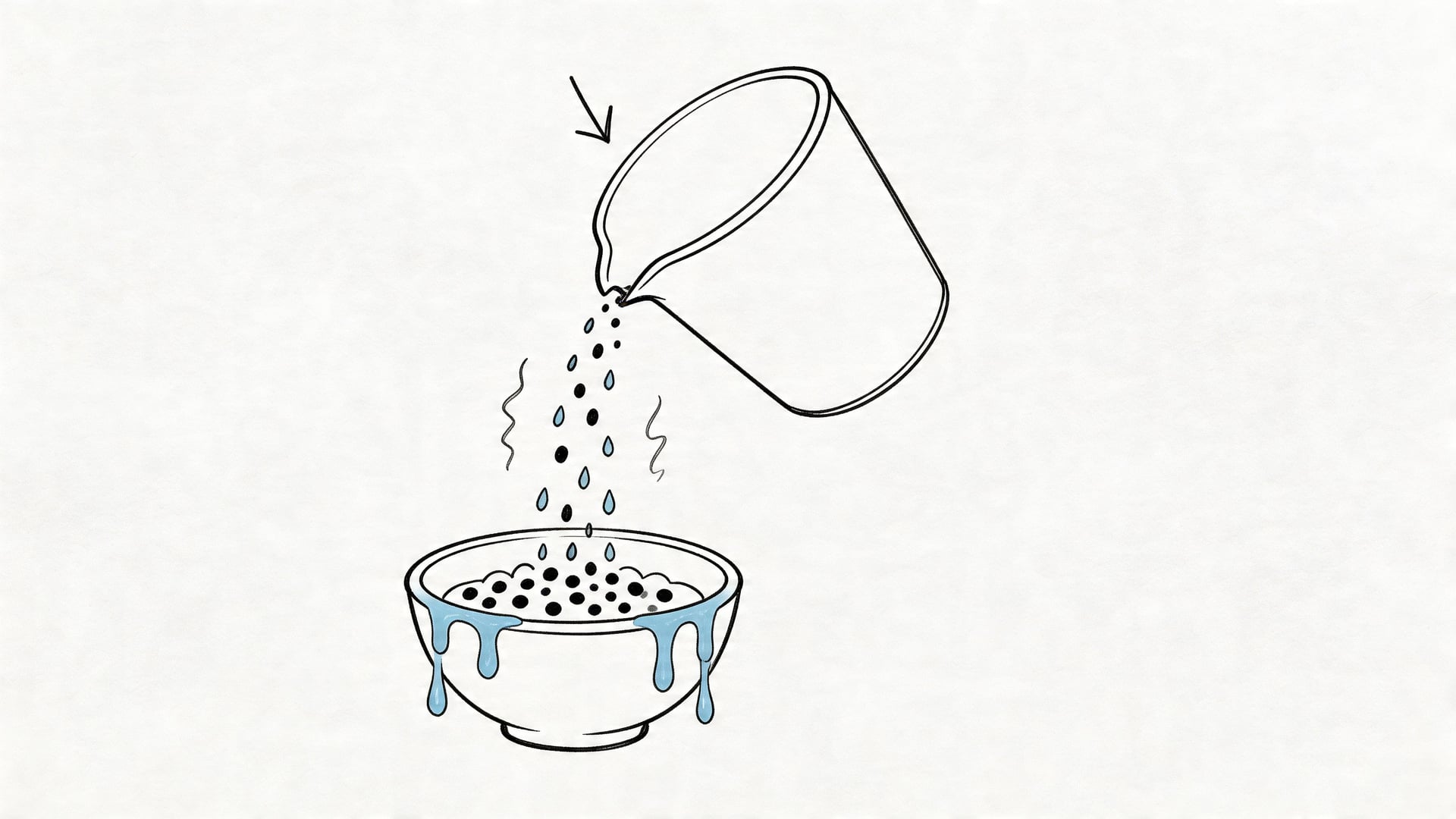A hand-drawn illustration showing a pitcher pouring black boba pearls and liquid into a bowl.