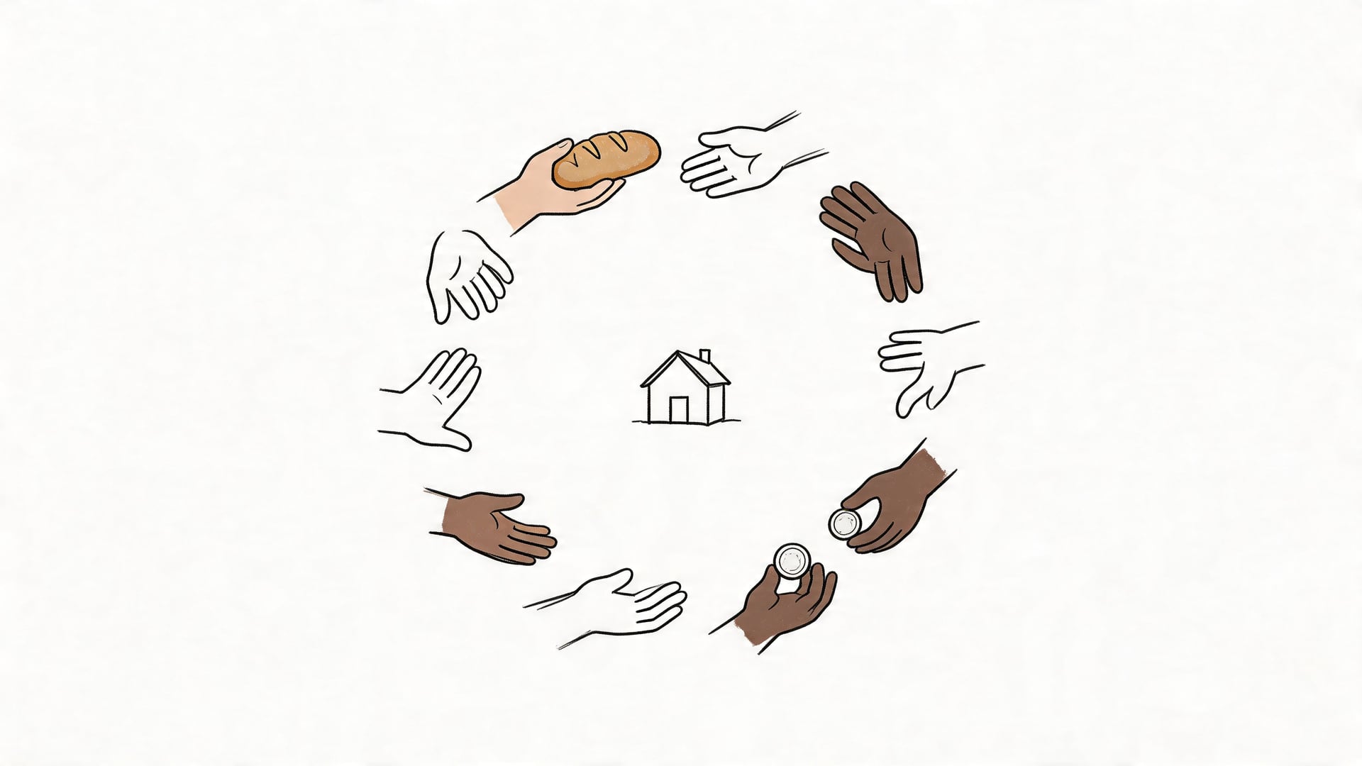 A circle of diverse hands reaching toward a house in the center, representing community support and charity.