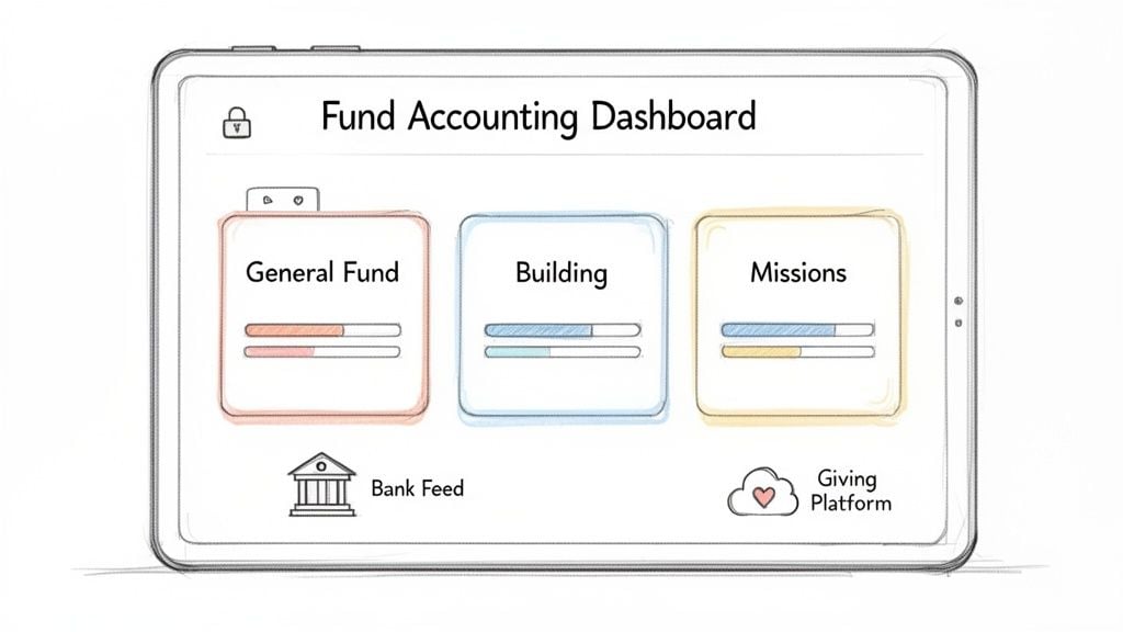 Digital dashboard for fund accounting, displaying general, building, and missions funds with progress bars.