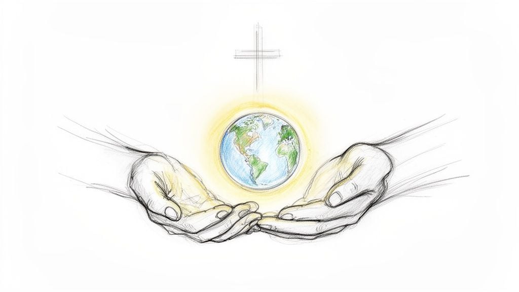 Sketch of cupped hands cradling a shining globe, with a cross symbol overhead.