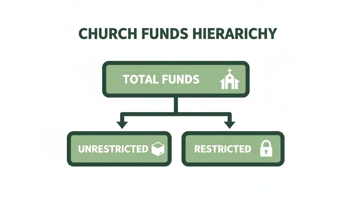 A hierarchy chart illustrating church funds categorized into total, unrestricted, and restricted funds.
