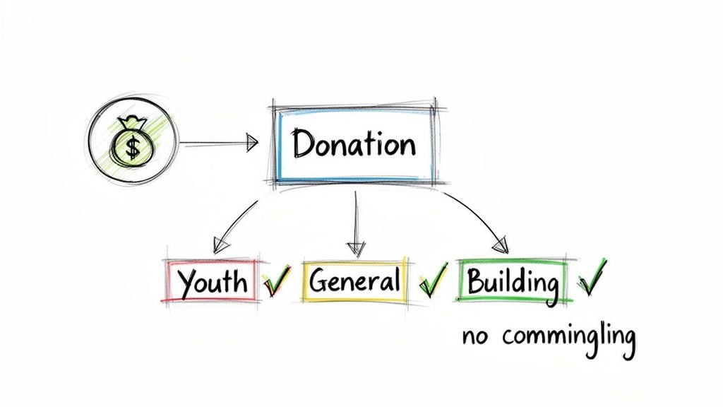 A diagram illustrates money donated, then split into separate funds for Youth, General, and Building, emphasizing no commingling.